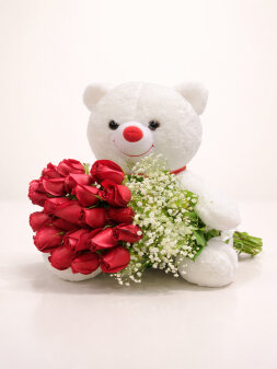 Peluş Ayılı 21 Kırmızı Gül