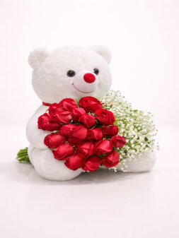 Peluş Ayılı 21 Kırmızı Gül